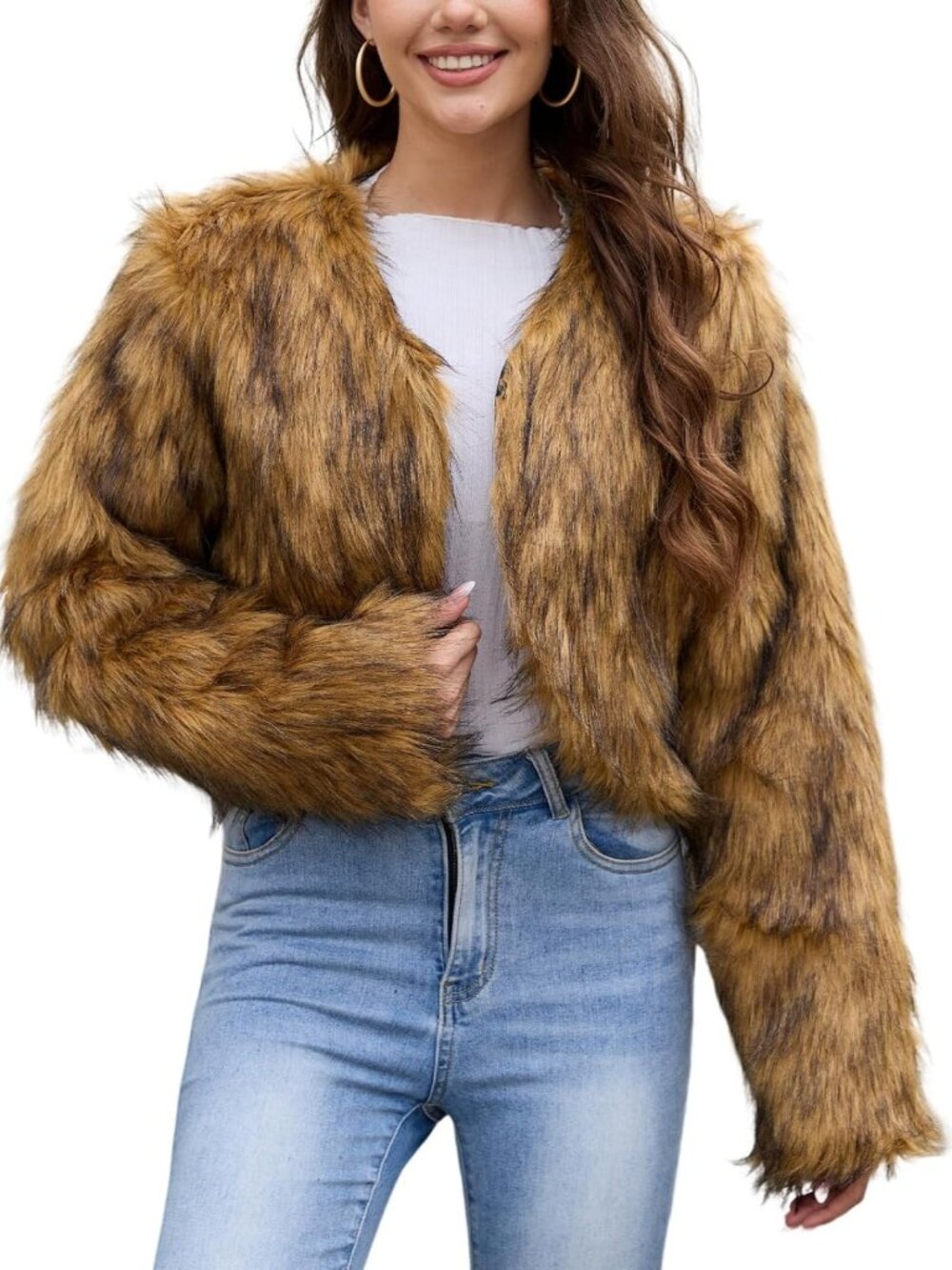 Cozy Women's Winter Cropped Faux Fur Jacket | Long Sleeve Open Front Cardigan